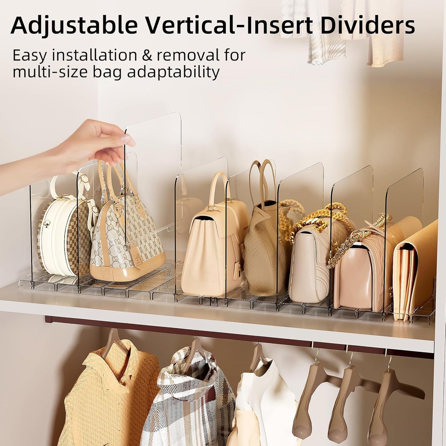 Bag & Purse Organizer for Closet Stackable Acrylic Shelf Dividers for Closet Organization, Clear Handbag Purse Storage Organizer Divider, Keep Clutch, Wallet, Pocketbook Upright, 6 Pack