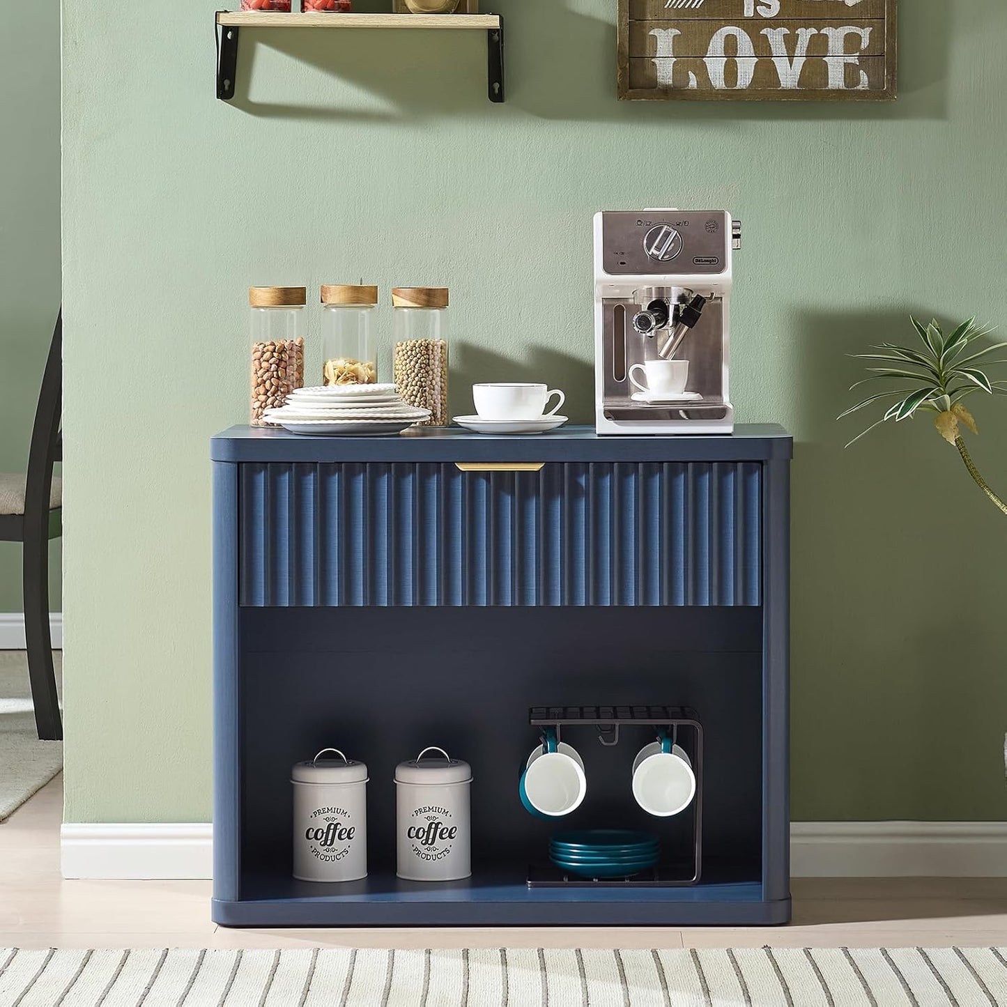 LEYAOYAO 31" Wide Fluted Nightstand with Charging Station, Oversized Extra Large 1 Drawer Night Stand with Golden Handle, Blue Wood Bedside Table Tall End Tables,for Bedroom, Living Room, Hallway