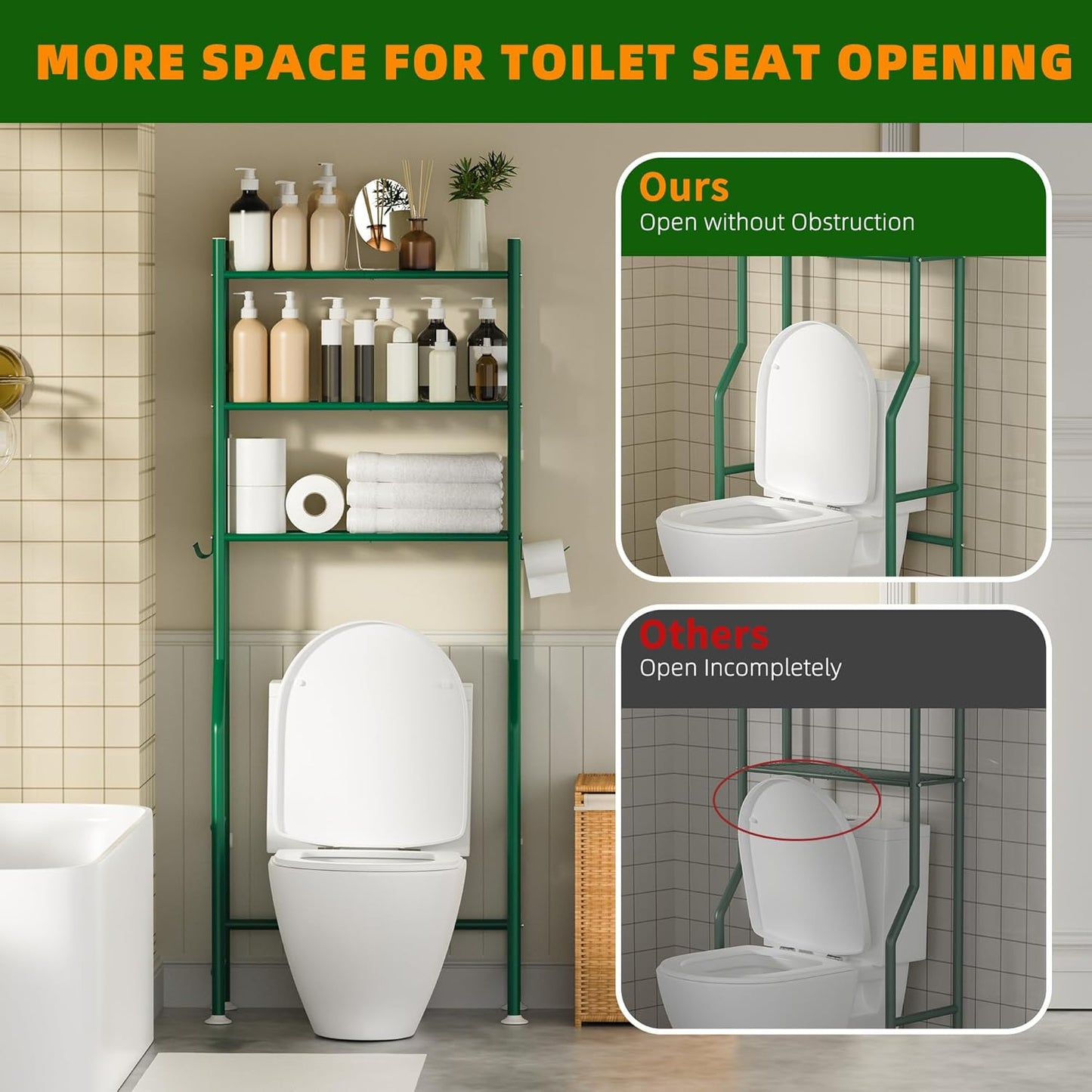 3-Tier Over The Toilet Storage, Space Saver Metal Bathroom Shelves, Freestanding Above Over Toilet Storage Shelf with 4 Hooks for Bathroom, Green