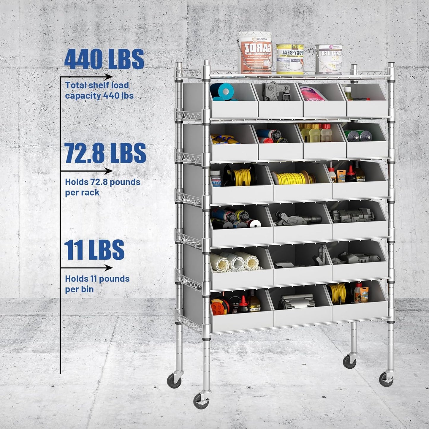 6-Tier Classics Heavy-Duty Bin Rack, Industrial Solid Steel Wire Shelving Storage Unit, Organizer with 20 Bins, Gray, for Garage/Warehouse/Kitchen/Office/Classroom