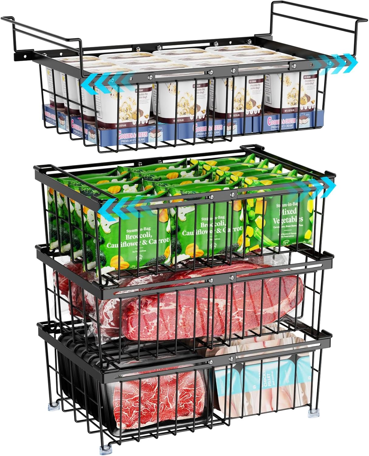 iSPECLE Large Expandable Freezer Organizer Bins - 4 Pack Chest Freezer Organizer Bins, for 10 to 20 Cu.FT Deep Freezer, 1 Hanging Basket and 3 Stackable Freezer Bins, Black