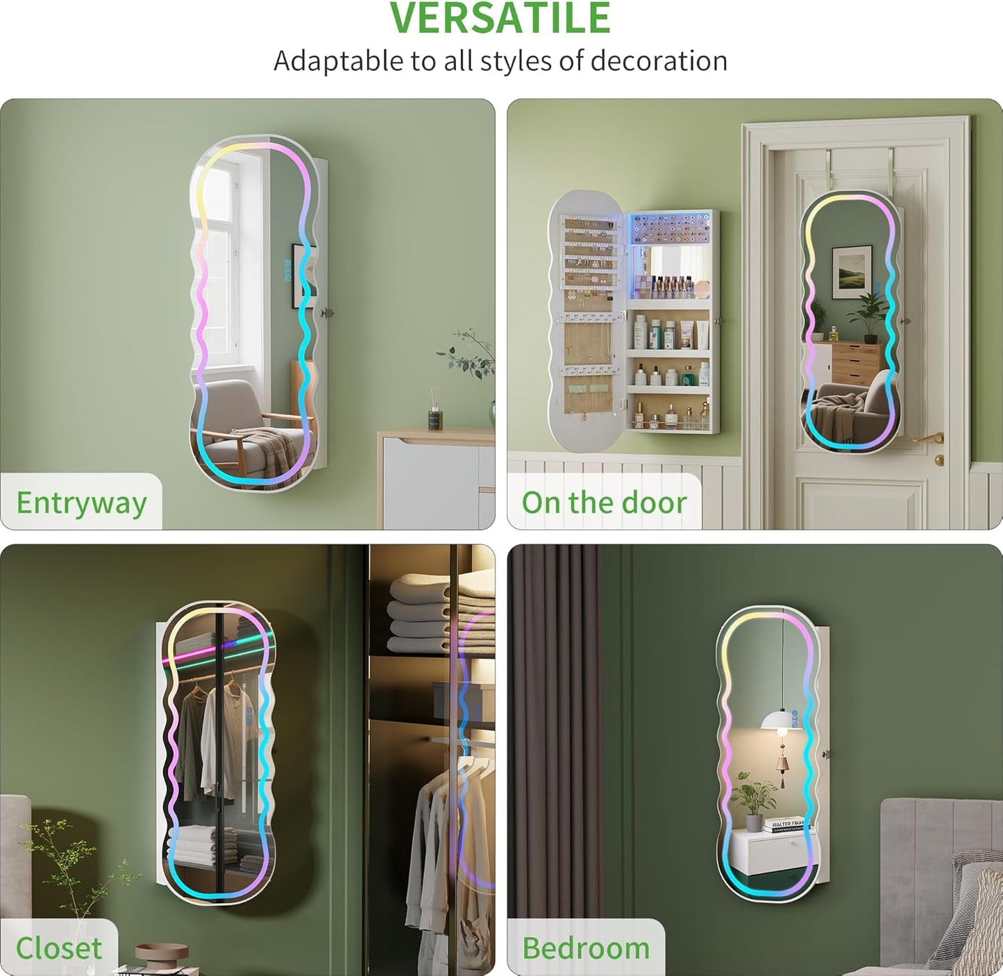 HNEBC LED Mirror Jewelry Cabinet with RGB Lights,42.5" Wall Mounted Jewelry Organizer with Full-Length Mirror,Over The Door Hanging Jewelry Armoire Storage Cabinet,Lockable,Wide Wavy Mirror