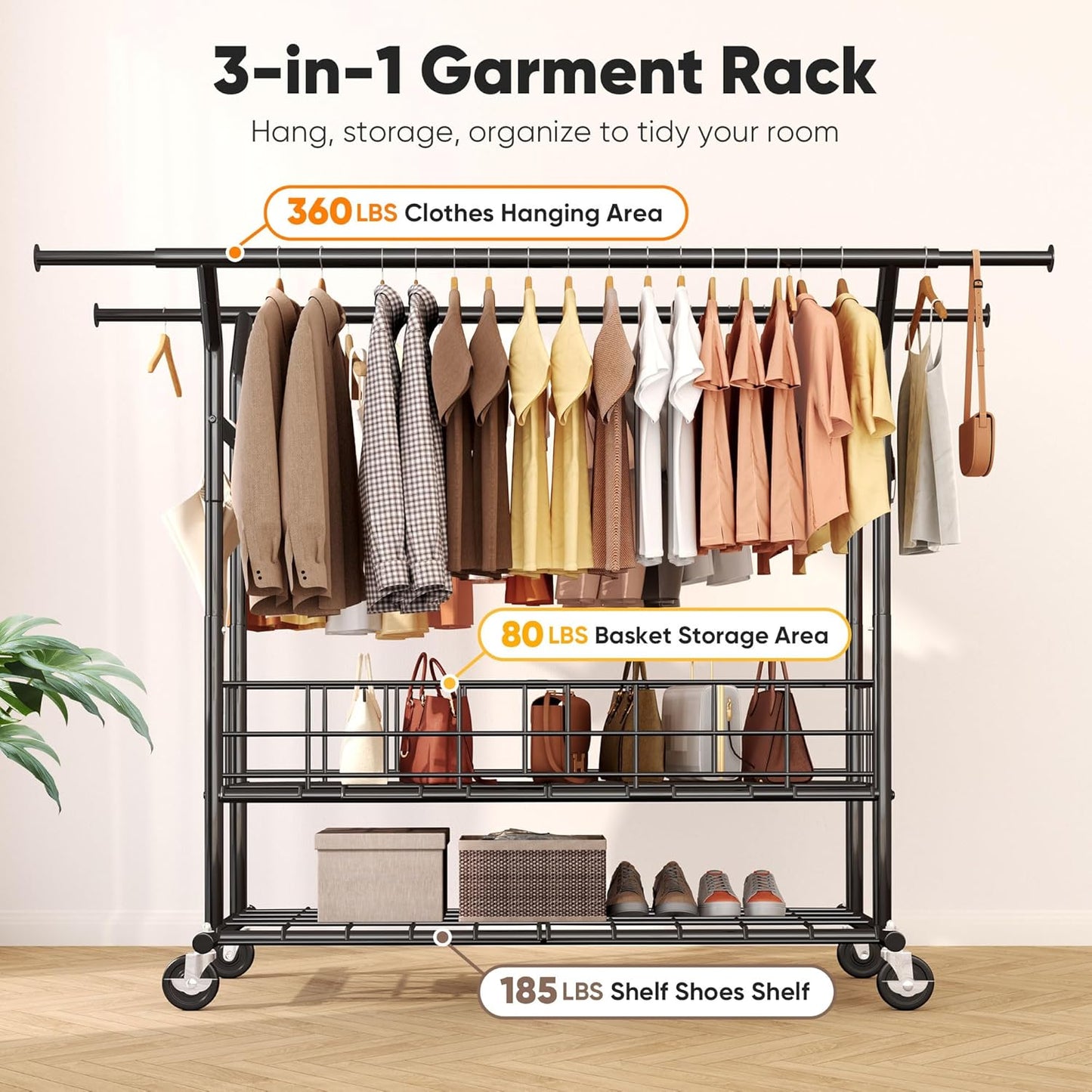 HOKEEPER Heavy Duty Clothes Rack Load 625 LBS, Clothing Rack for Hanging Clothes, Adjustable Black Double Rod with Metal Basket, Portable Rolling Garment Rack with Wheels for Bedroom, Laundry Room