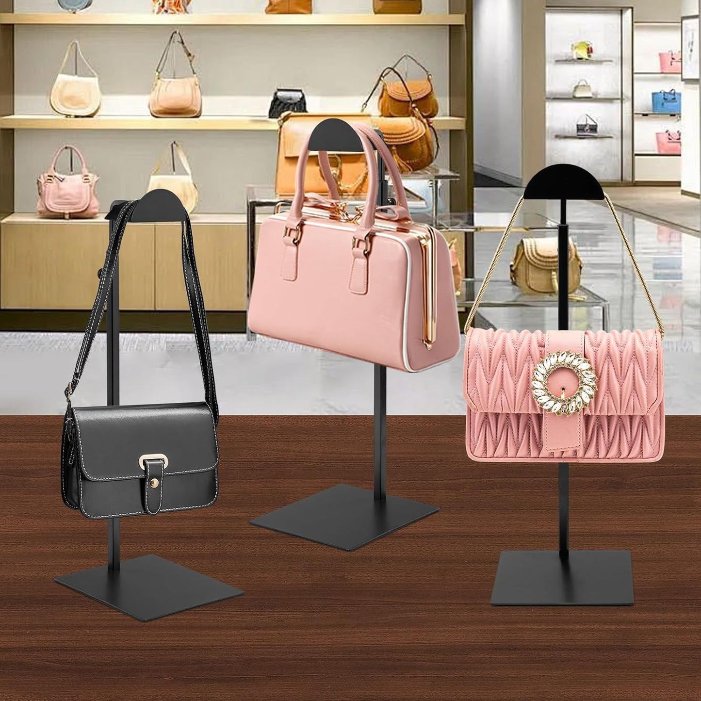 3 Pack Purse Display Stand,Black Purse Rack Stainless Steel Handbag Display Stands Height Adjustable Hook Stands,for Commercial Stores and Parties