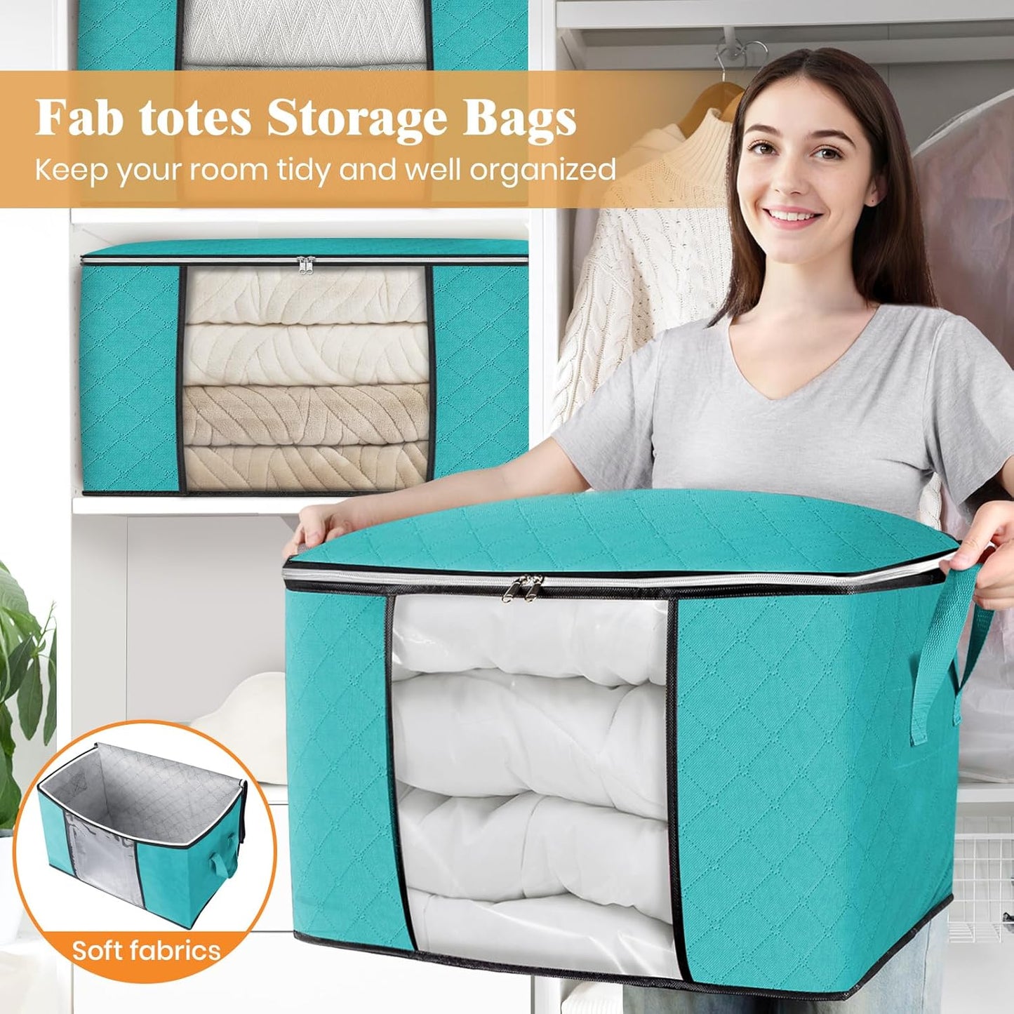 Fab totes 24 Gallons Clothes Storage, Foldable Thick Fabric Blanket Storage Bags, Containers for Organizing Bedroom, Closet, Clothing, Comforter, Organization with Handle (8 Pack,Green)