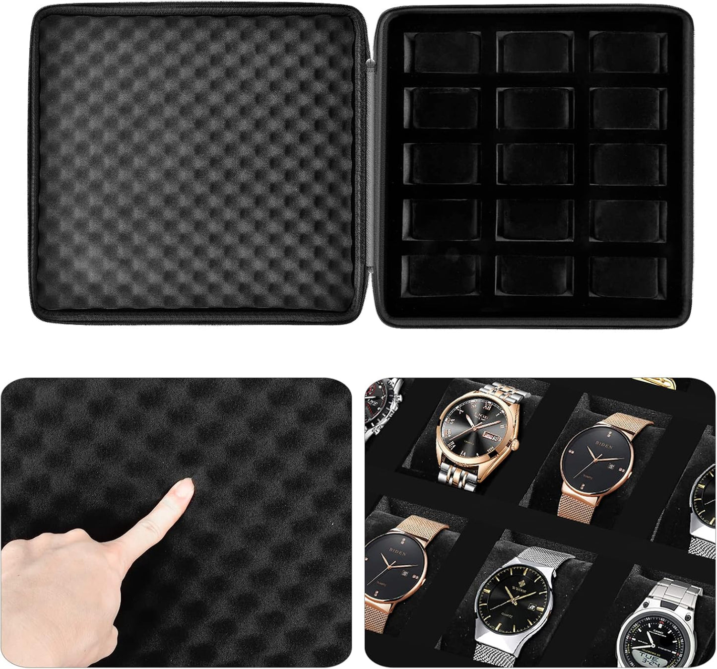 Comecase 15 Slots Watch Box Organizer/Men Watch Display Storage Case Fits All Wristwatches and Smart Watches up to 42mm - Black