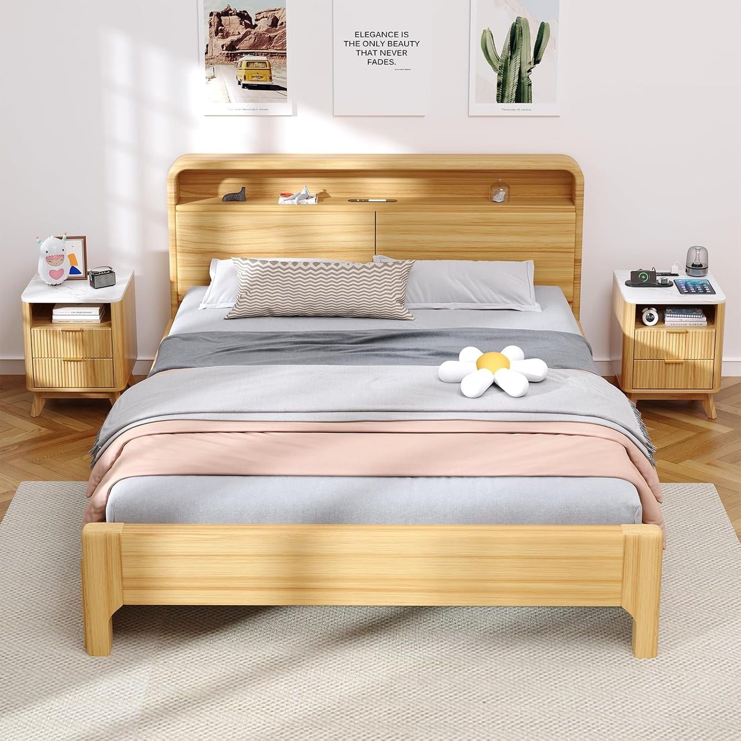 Nightstand with Charging Station, Fluted Nightstand with LED Lights, Modern Rustic Side Table with 2 Storage Drawers, Wooden End Table for Bedroom, Natural Oak 2pcs