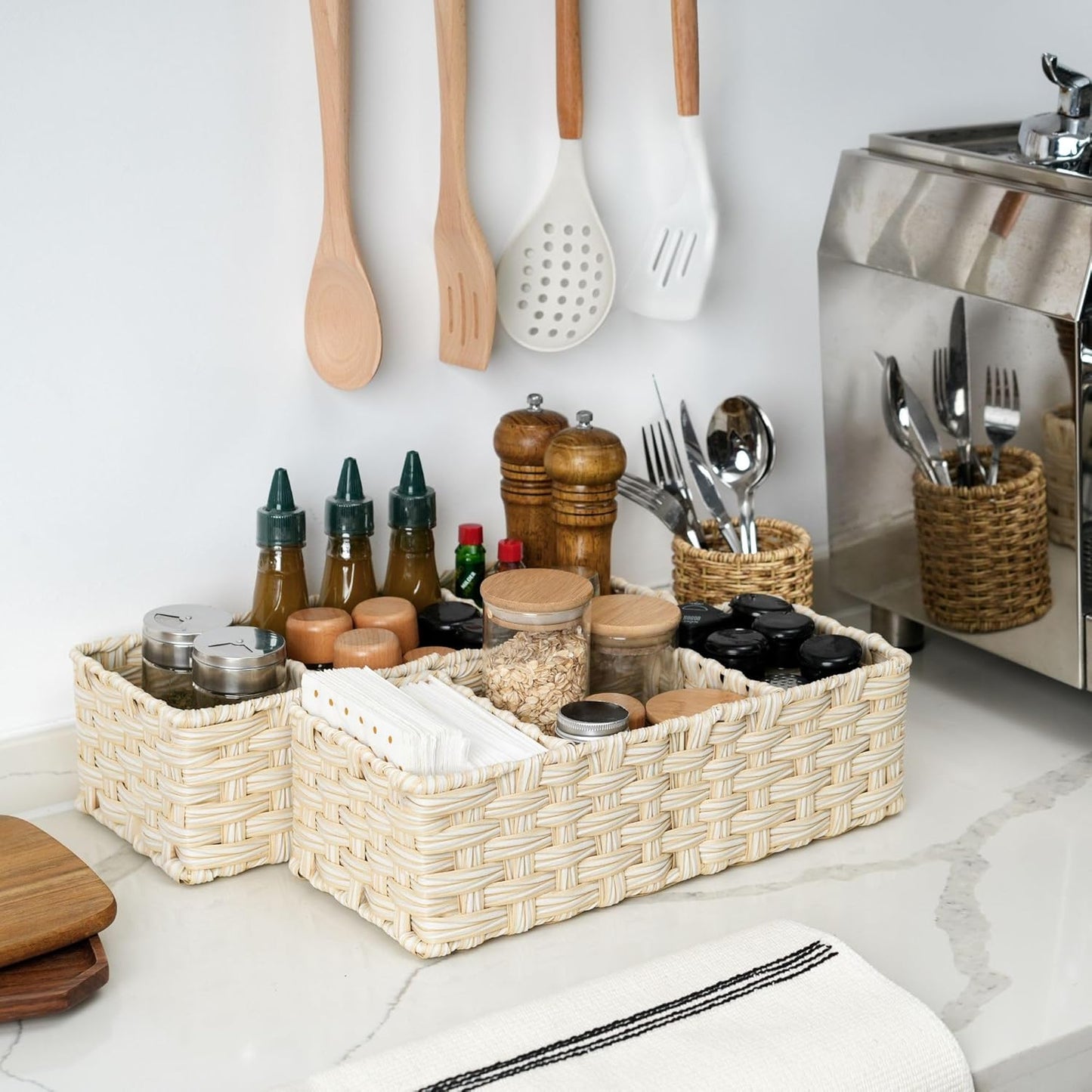 GRANNY SAYS Bathroom Baskets for Organizing, Wicker Basket for Storage, Wicker Baskets for Shelves, Waterproof Back of Toilet Storage Basket, 3 Section Bathroom Organizer Basket, 2-Pack