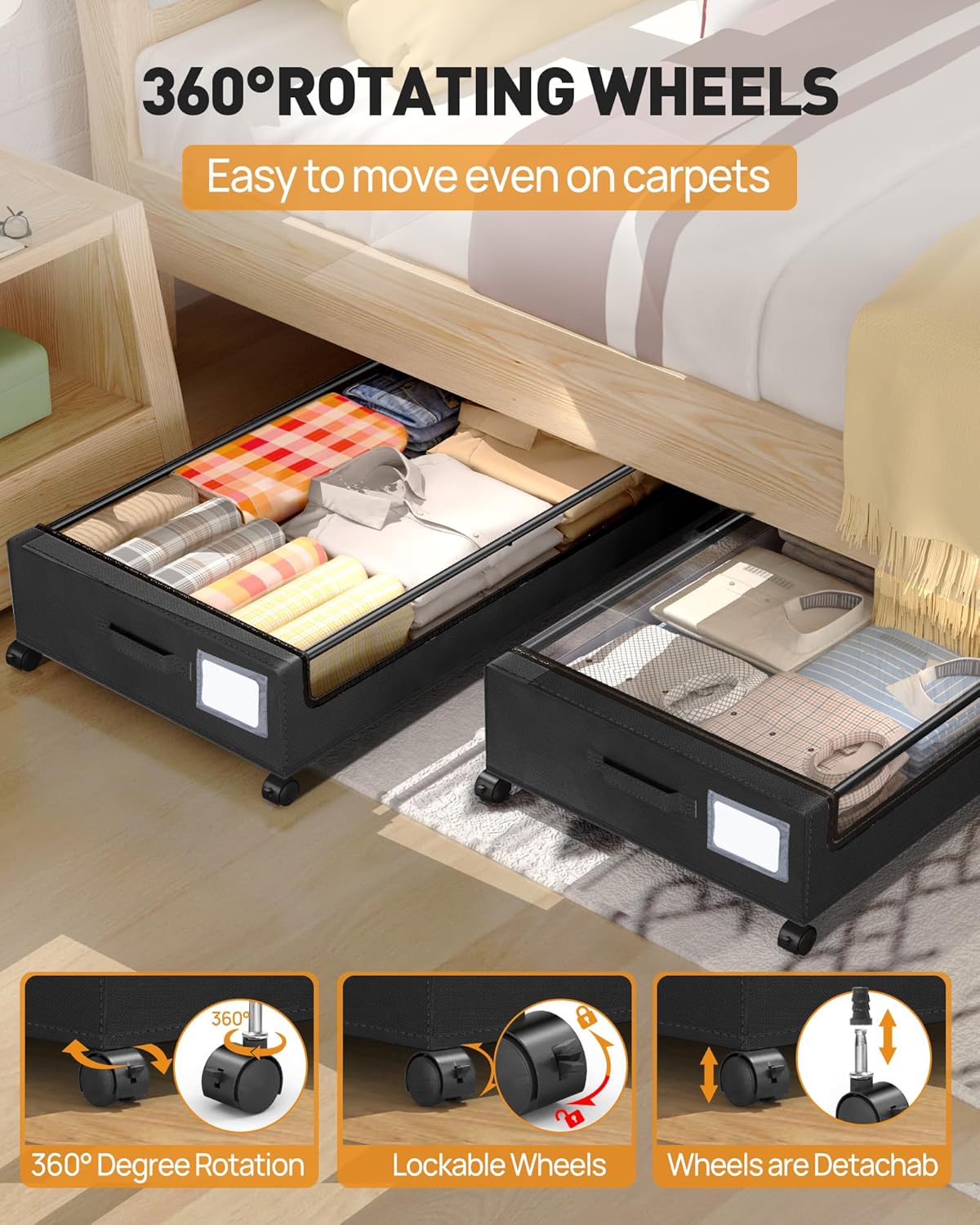 Under Bed Storage With Wheels, 2 Pack Square Containers, 60L Bins, Rolling Metal Drawer for Clothes, Blankets, Shoes