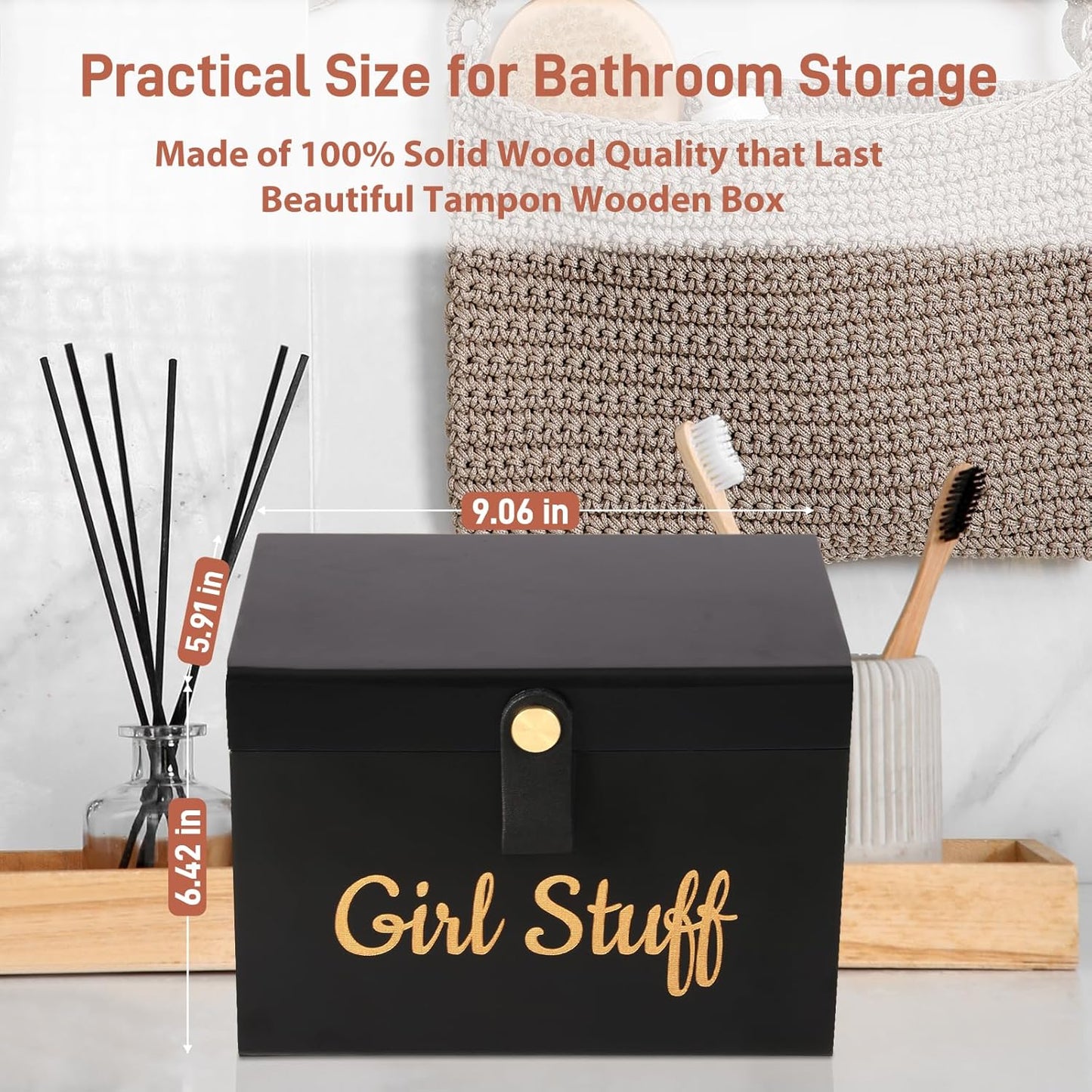 100% Solid Wood Tampon Holder Box with Lid, Copper Leather Pull, Absolute Real Wood Bathroom Decorative Box for Feminine Product Storage and Accessories such as Tampons, Cotton Balls, Gifts for Women