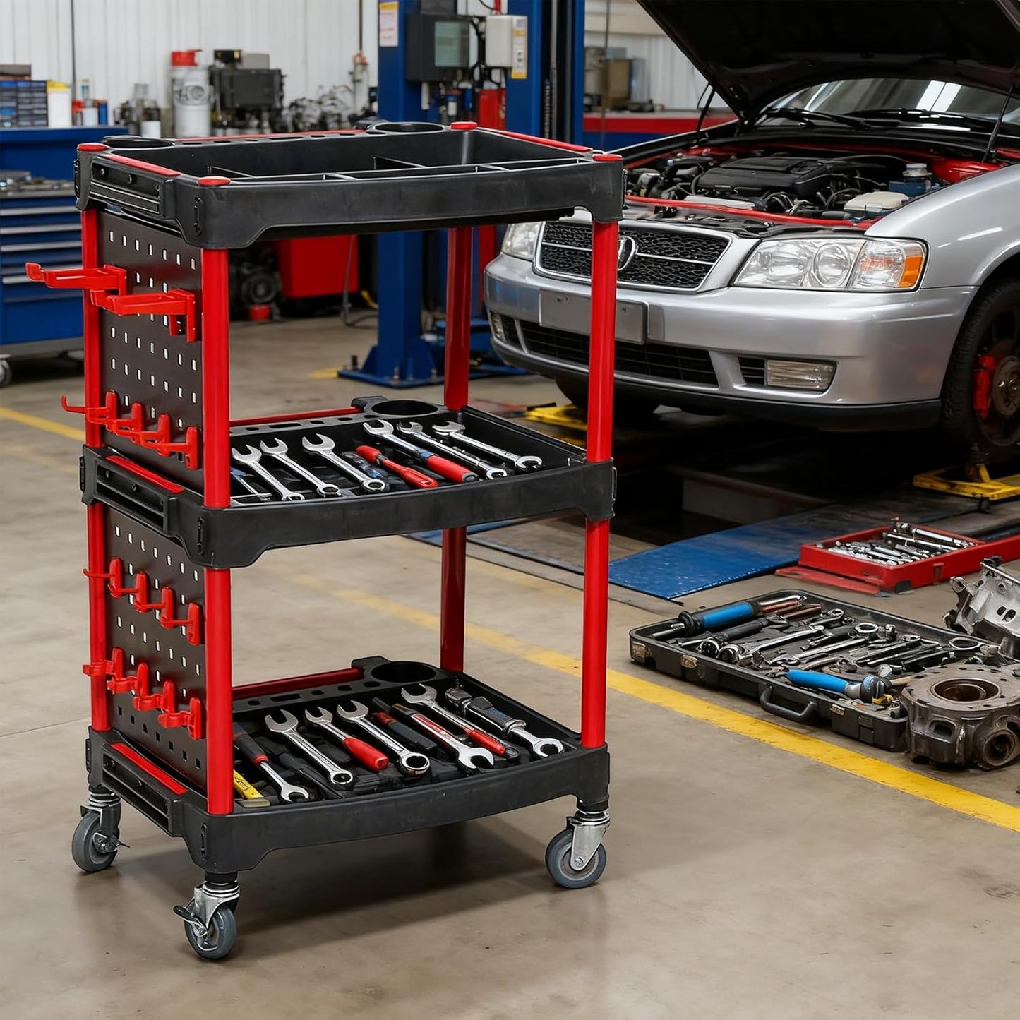 3-Tier Heavy-Duty Detailing Cart with Wheels, Rolling Detail Tool Cart, 200kg/440.92lb Capacity Tool Organizer for Car Wash, Workshop & Garage (Includes Hooks, Spray Bottles & Brushes)