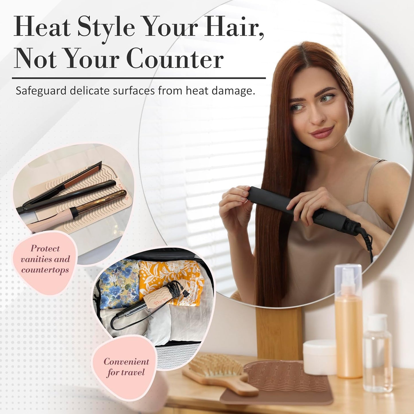 Vanity Accessories Heat Resistant Mat – Silicone Flat Iron & Curling Iron Holder, Non-Slip Vanity Mat & Hot Tool Mat for Home, Salon, or Travel Use