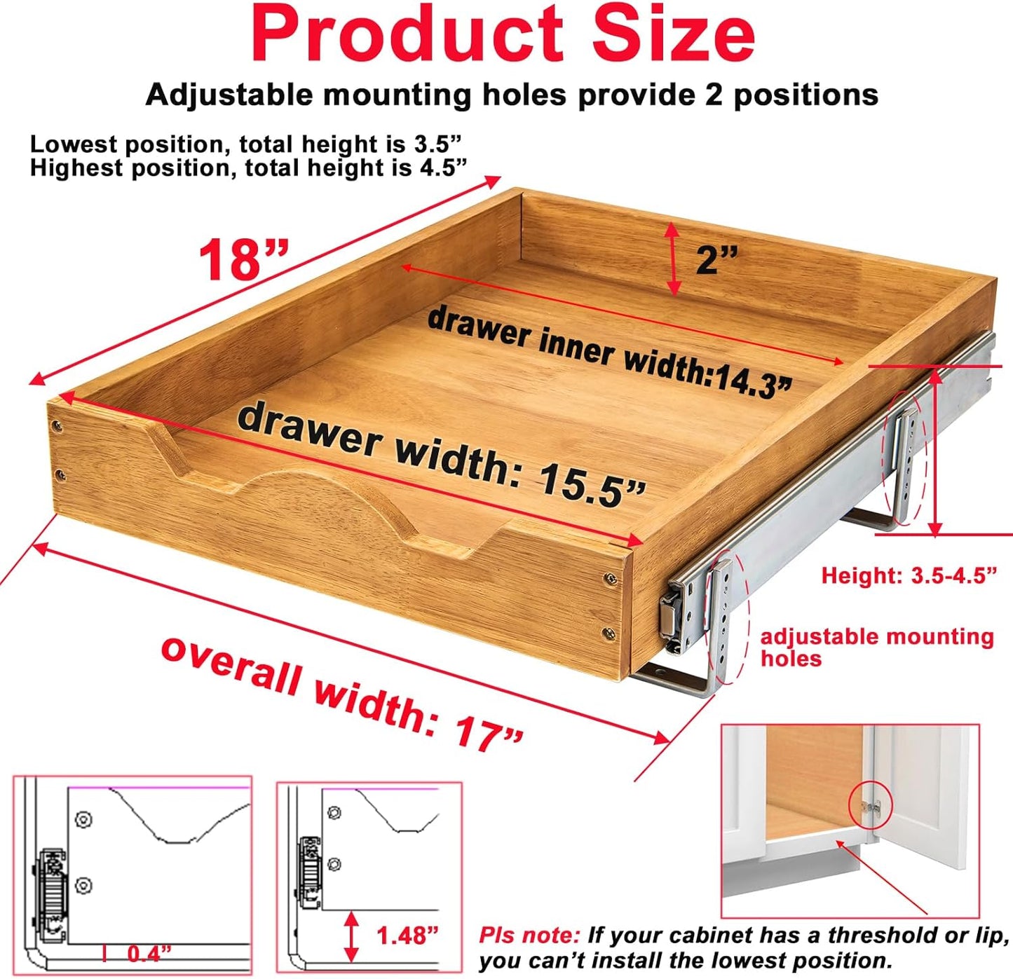 DINDON Pull Out Cabinet Organizer (17" W x 18" D) 1 Tier，Single Tier Oak Wood Under Cabinet Slide Out Shelf Drawer Box…