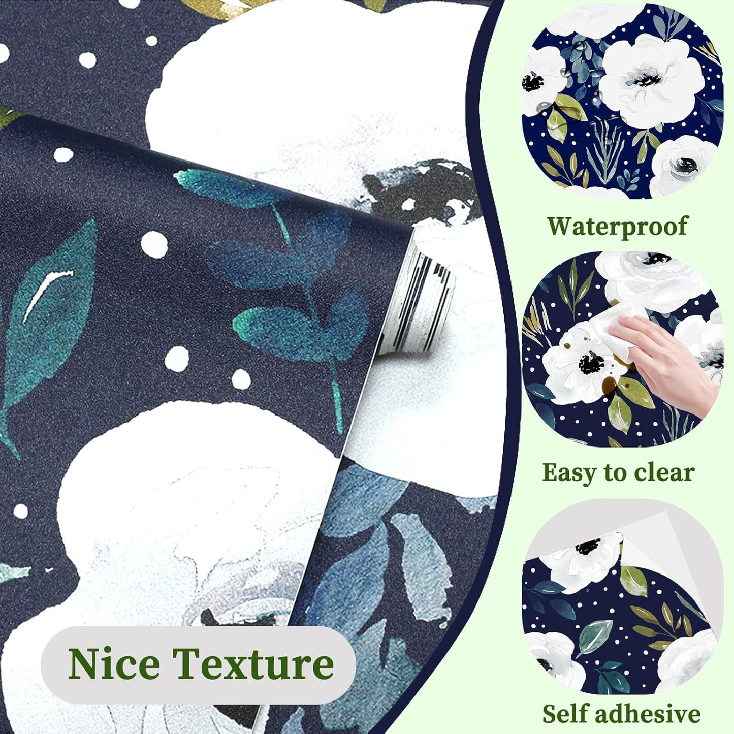 HAOKHOME Shelf Liner and Cabinet Liner Floral, Self-Adhesive Drawer Liners, Peel and Stick Contact Paper for Kitchen Cabinets and Cupboard,Bedroom Drawers, Navy/White/Green 17.3in x 6.5ft