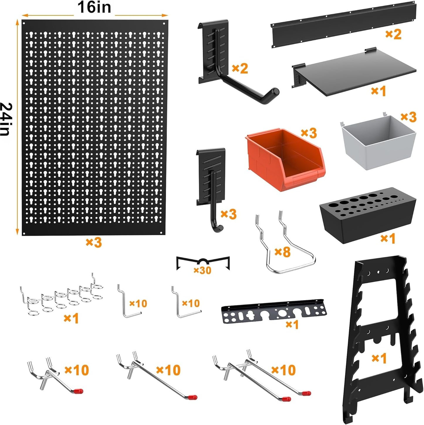 TORACK Metal Pegboard Wall Organizer System for Garage, 109 PCS Pegboard Accessories Tool Organizer Kit with Pegboard Bins, Hooks, Pegboard Tool Storage System for Workbench(Black)
