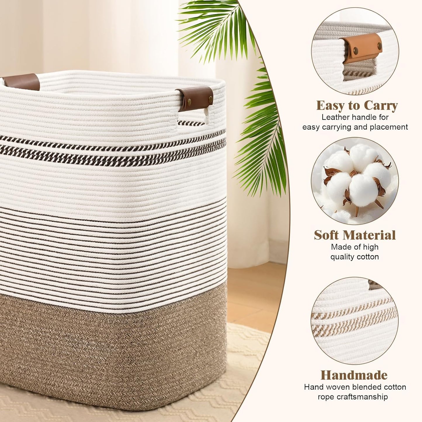 Laundry Hamper, 85L Tall Laundry Basket with Leather Handles, Rectangle Large Clothes Hamper for Organizing, Cotton Woven Laundry Baskets Storage Hampers for Bedroom, Nursery, Living Room