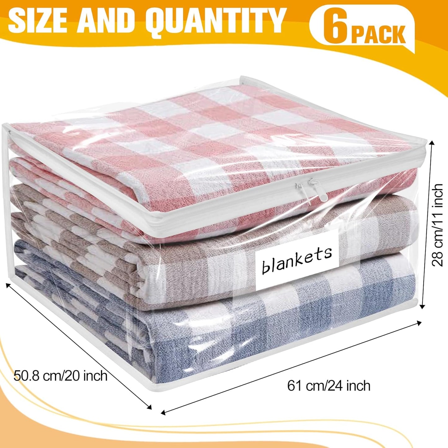Plastic Storage Bags with Easy-Glide Zipper, Pack of 6, Durable Clear Vinyl Zippered Storage Bags for Clothes Sweaters Comforters Blankets Sheets Bedding (24 x 20 x 11 Inch)