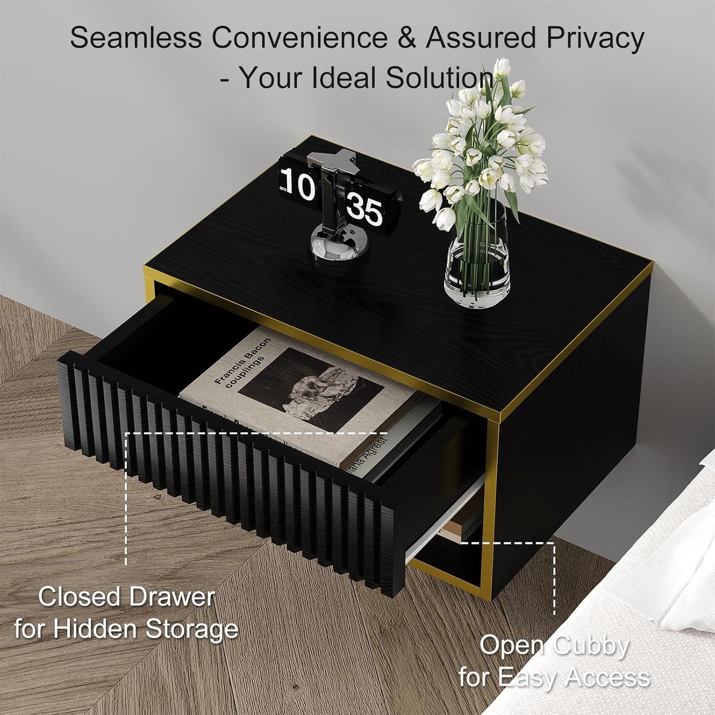 4ever2buy Floating Nightstand with Fluted Drawer, Modern Wall Mounted Nightstand with Open Shelf, Black and Gold Night Stand for Bedroom, Black
