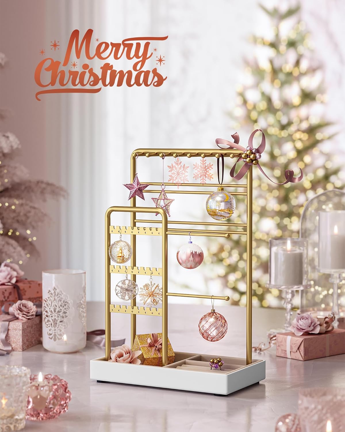 SONGMICS Jewelry Holder, Jewelry Organizer, Jewelry Display Stand with Metal Frame, Velvet Tray, Necklace Earring Bracelet Holder, for Studs, Rings, Christmas Gift, Pale Gold UJJS021A01