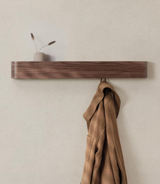 Kazai. Wall-Mounted Coat Rack 'Toke' - Modern Design with Hidden Wall Hooks - Solid Wood Veneer Panel Coat Hanger - Walnut