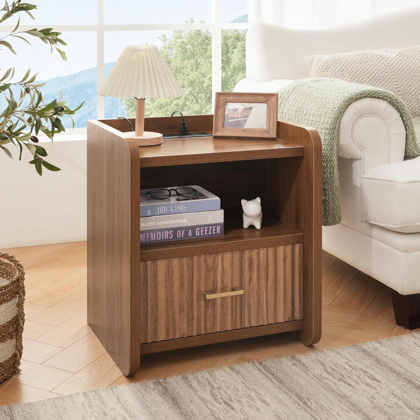 Night Stand with Charger Station, Fluted Wood Nightstand with Drawer Storage, Modern Bedside Table, Wide Nightstands for Bedroom, Mid Century Wooden Night Stands for Home Office Sofa Couch