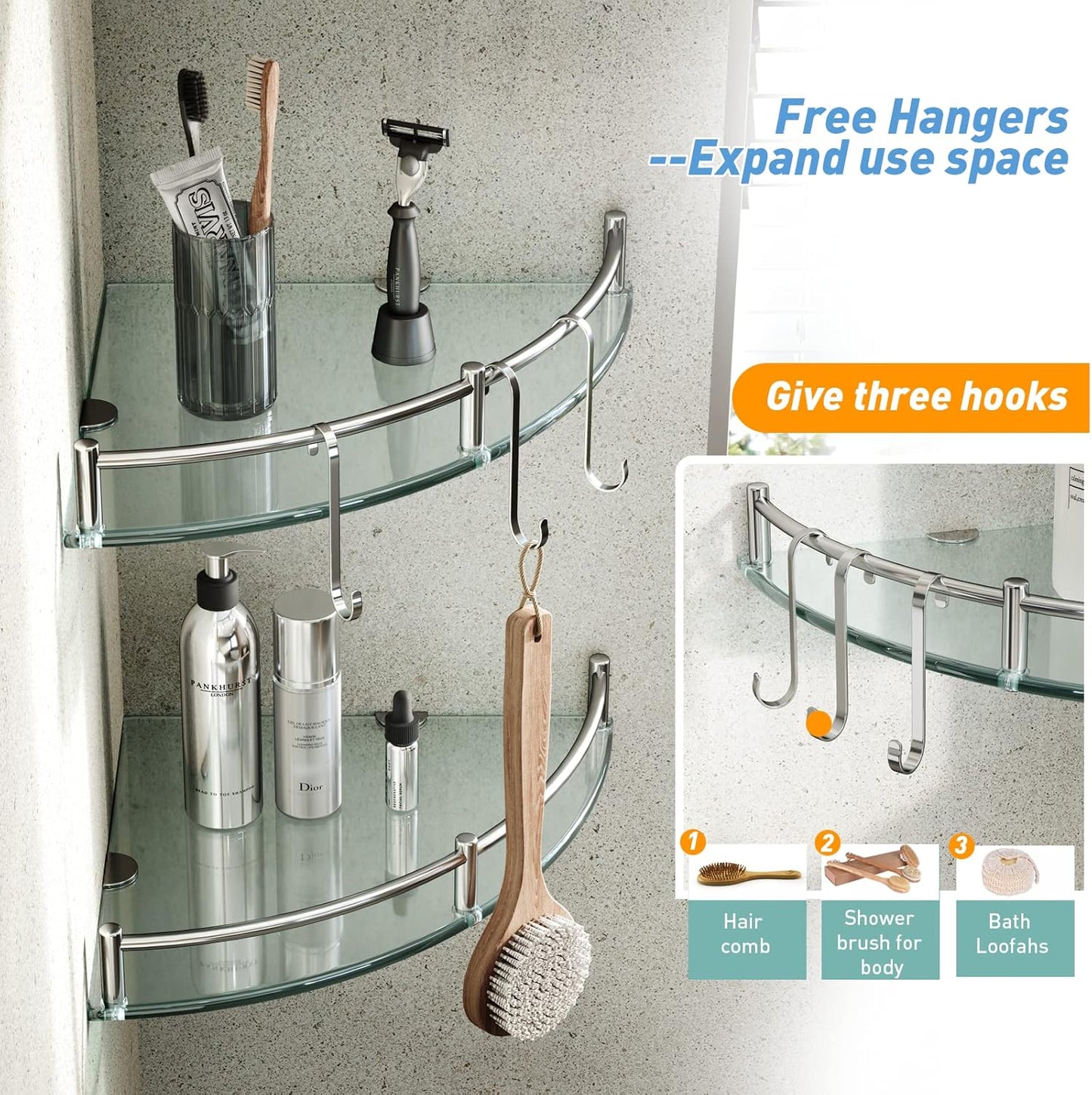 HouseMila Glass Shower Shelves, 2 Tier Tempered Glass Corner Shelf Shower Organizer with Extra 3 Hangers Shower Shelves for Inside Shower