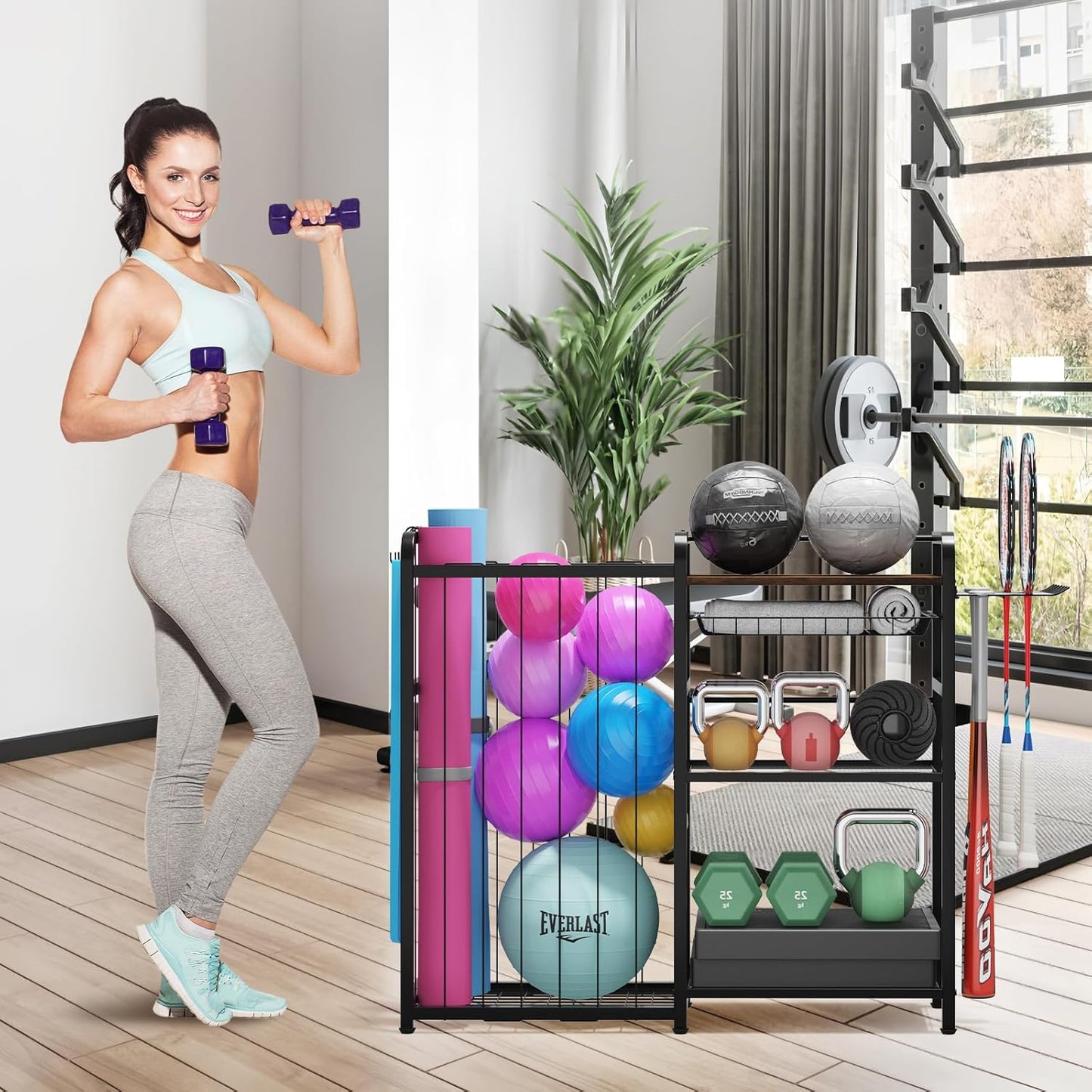 Garage Sports Equipment Organizer, Ball Storage for Gear and Toys, Large Capacity, Sports Organizer for Garage with Hooks and Baskets