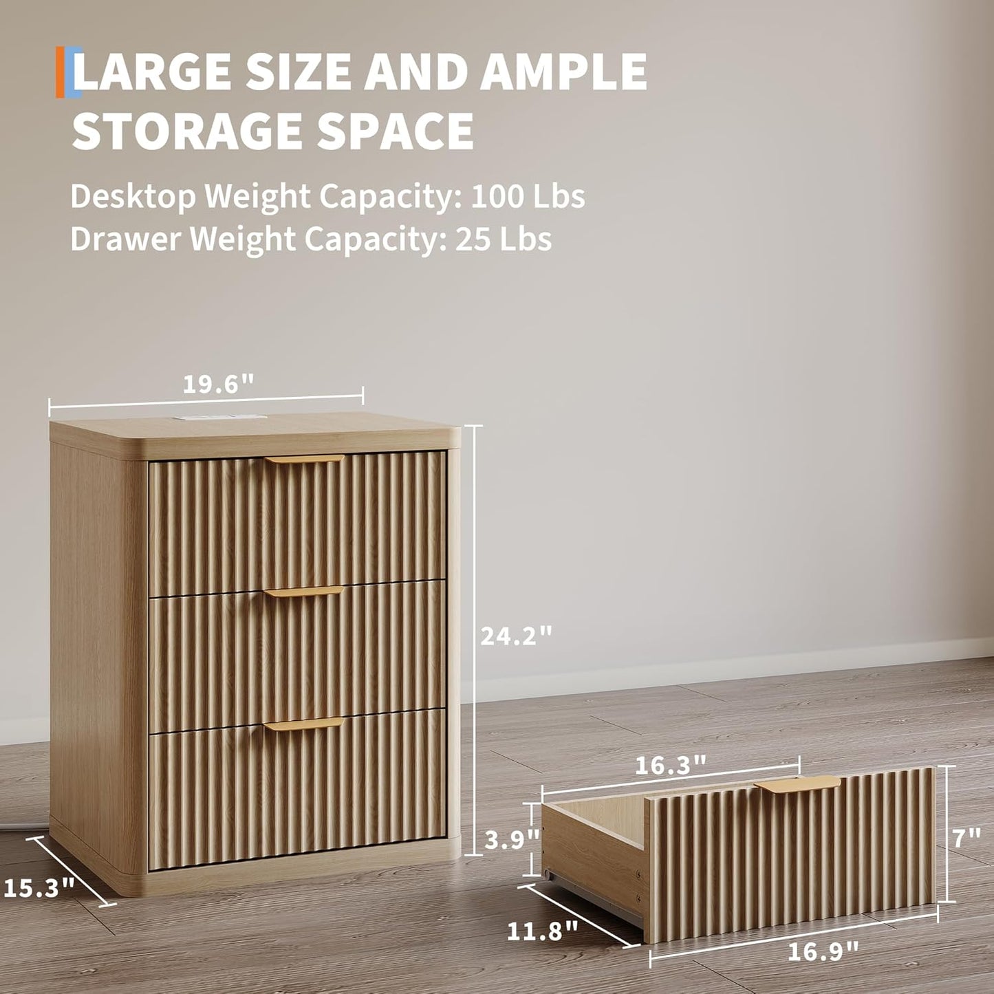 Fluted Nightstand with Charging Station, Bedside Table with 3 Drawers Storage Space, Metal Handles and Rounded Corners for Safety, Mid Century Modern End Table, Side Table for Bedroom, Living Room