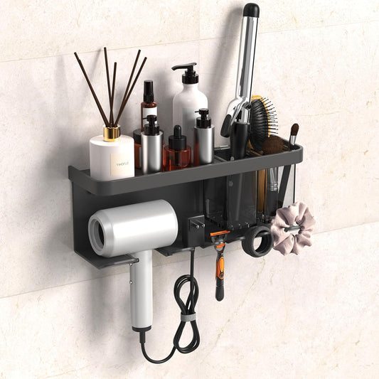 Hair Dryer Holder Wall Mounted Adhesive/Drilling, Hair Dryer Storage Organizer with Shelf & Hooks for Bathroom, Blow Dryer Holder, Hair Tool Organizer (Grey)