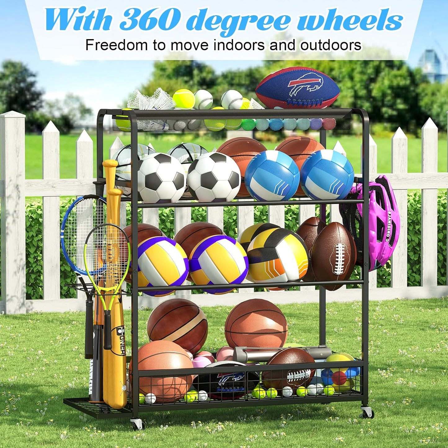 Garage Sports Equipment Organizer,Sports Ball Organizer with Wheels,Basket,Ball Organizer with Baseball Bat Rack and HooksToy Storage Rolling Cart-Black