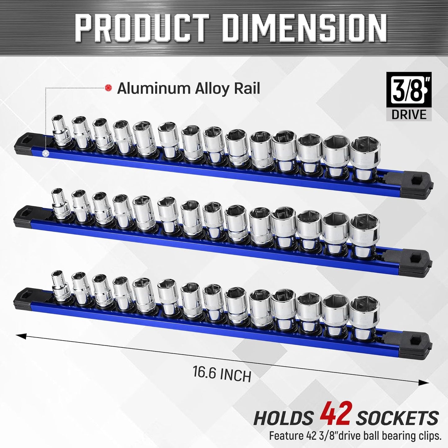 ALOANES 3-Piece Magnetic Socket Organizer, Heavy Duty Aluminum Socket Rails Organizer, 360° Swivel Clips Socket Holder Kit for Tool Box, 3/8-Inch Socket Holder x 42 Clips (Blue)