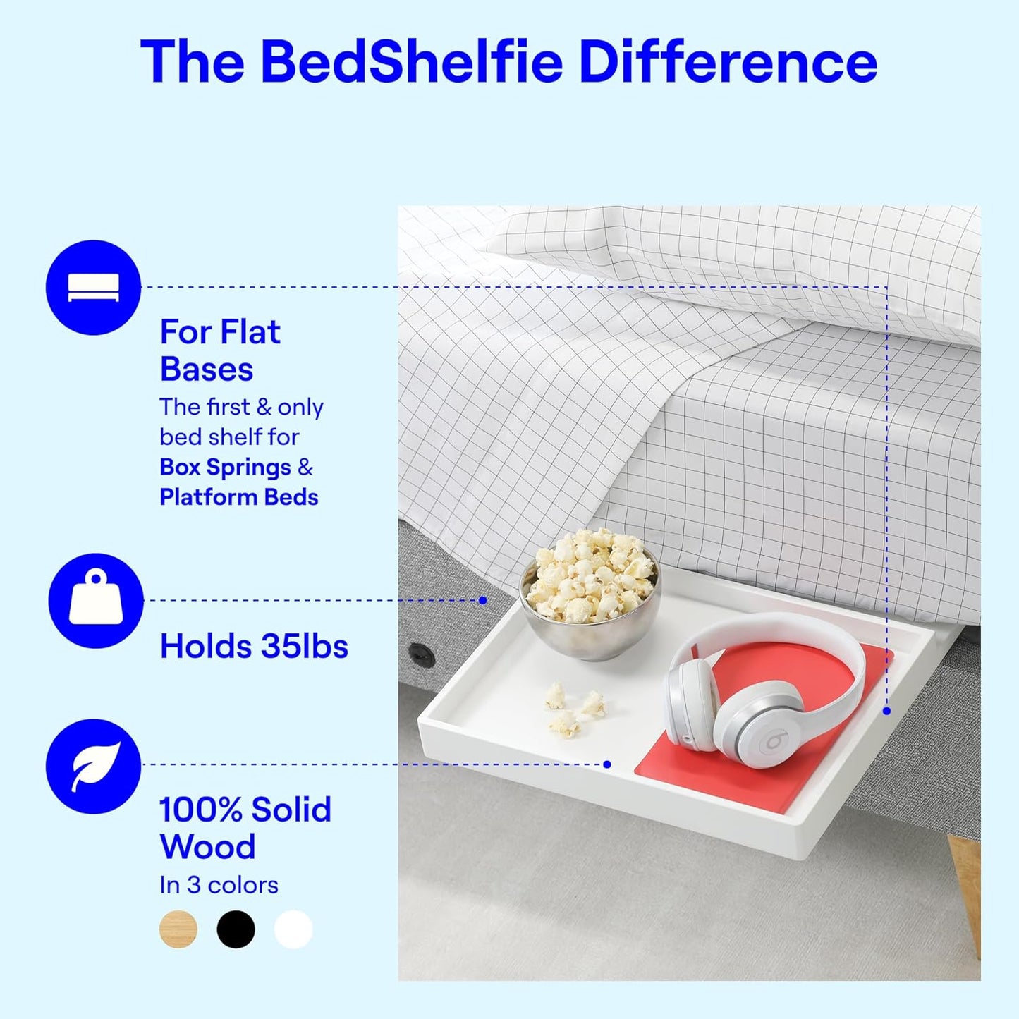 BedShelfie Bedside Shelf for Dorm Room Bunk Bed & Top Bunk, College Dorm Room Essentials, Bedside Caddy, Clip on Floating Desk Tray, Bed Side Table Storage, Loft Nightstand Decor- White Wood Slide