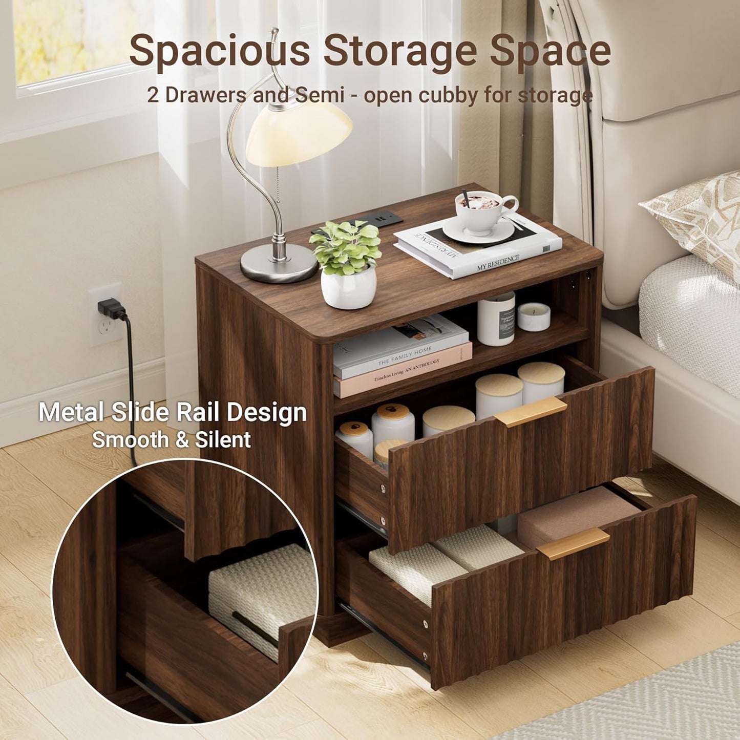 Large Fluted Night Stand with Charging Station, 23" Mid-Century Modern Nightstand, 2 Drawers End Table with Storage, Bedside Table for Bedroom Sofa Home Office, Curved Profile (Walnut)