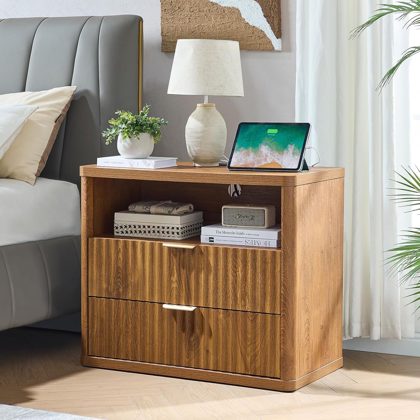 LEYAOYAO 31" Wide Fluted Nightstand Set of 2 with Charging Station, Oversized Extra Large 2 Drawers Night Stand,Brown Wood Bedside Table,Tall End Tables,Modern Chest of Drawers Dressers for Bedroom