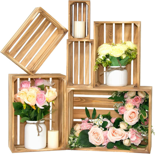 Extra Large 6 Pcs Decorative Wood Crates for Display, Farmhouse Wooden Basket for Storage Container and Decorations, Rustic Nesting Crates Decor Boxes with Handle