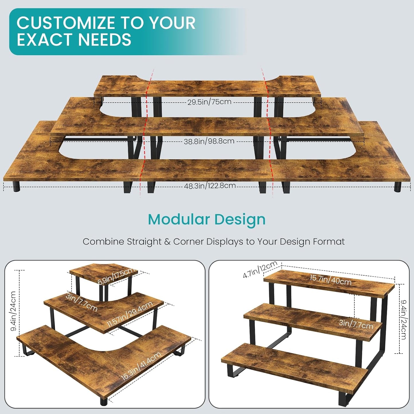 ELITEROO 3 Tier Wooden Display Rack, Portable Products Display Stand, 3 Step Straight Display Shelves for Retail Table Top, Counter Top, Craft Shows, Farmers Market, Tradeshows, Vendors