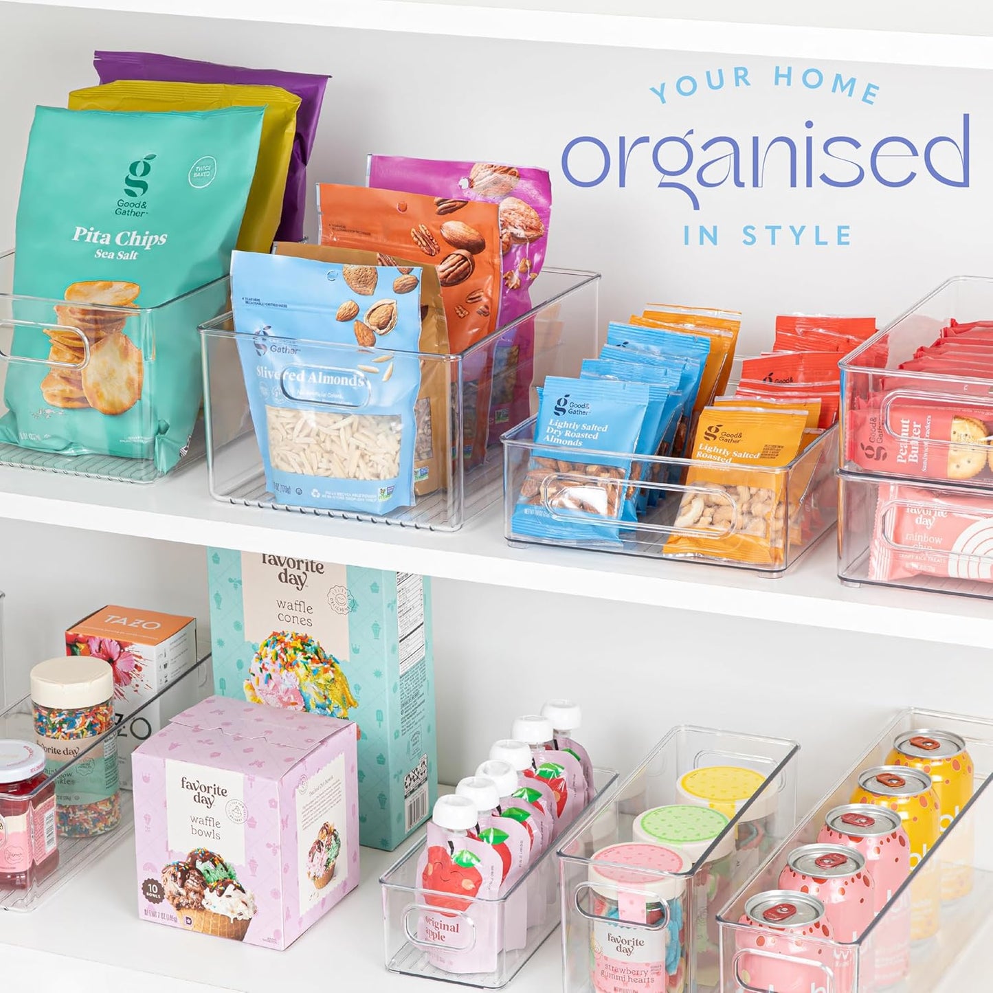 primebox 4 Pack Clear Plastic Organizer Bins with Handles for Home Organization. Storage Containers for Organizing Fridge, Freezer, Cabinet. Pantry, Great for Kitchen, Garage, Laundry Room. 10"x8"x5"