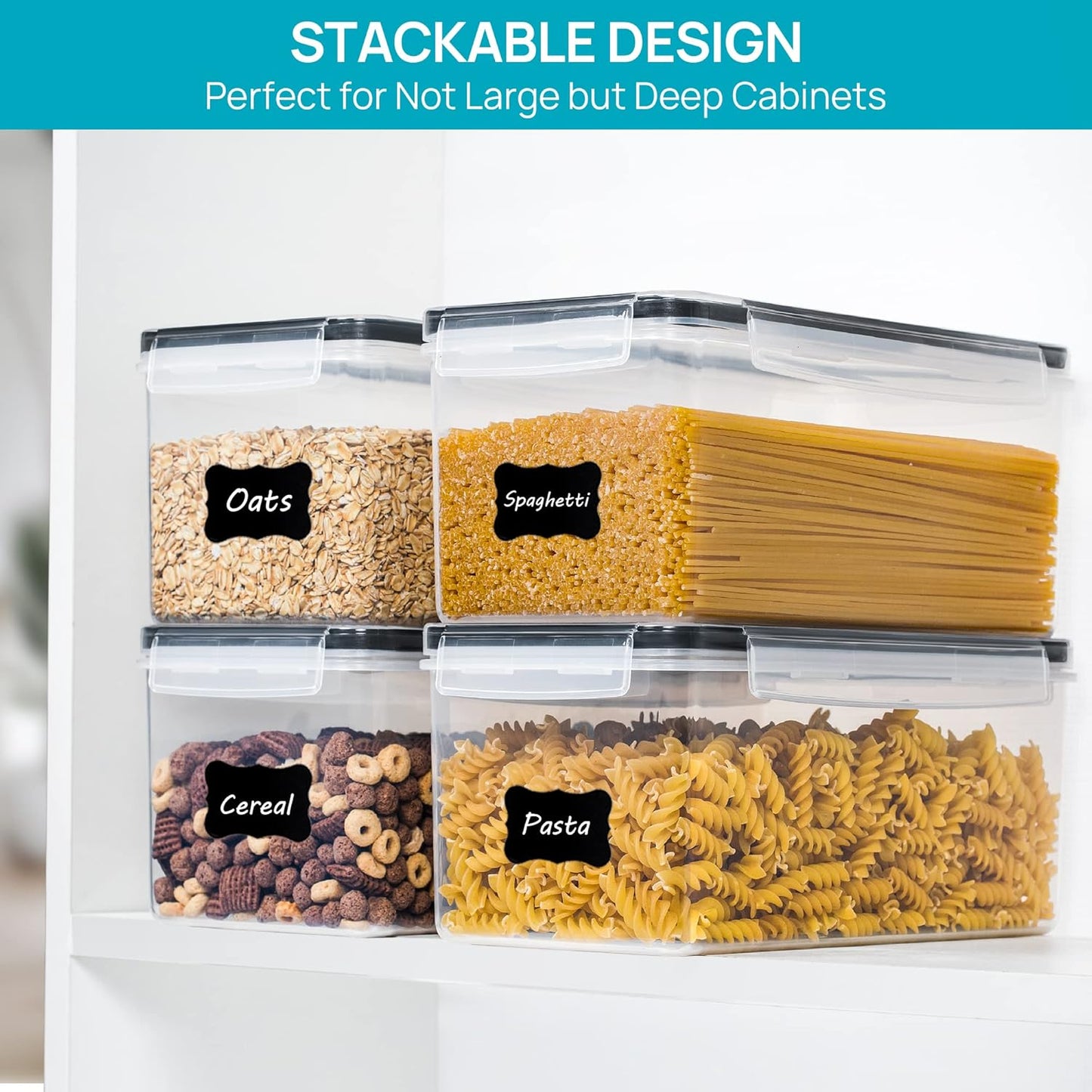Vtopmart Airtight Food Storage Containers with Lids 4PCS Set 3.2L, Plastic Spaghetti Canisters for Pasta organizer, BPA Free Air Tight Kitchen Pantry Organization