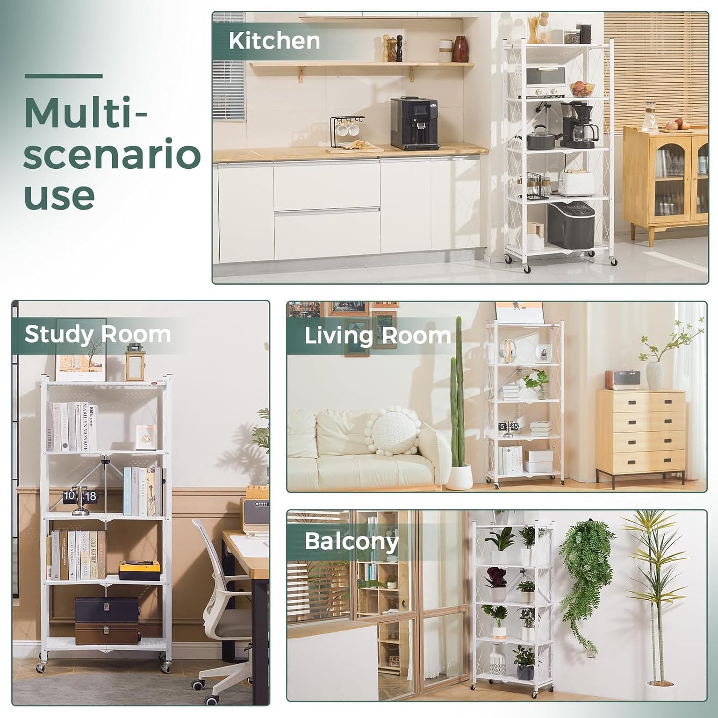 DEANIC 5 Tier Foldable Storage Shelves with Wheels, Large Capacity Shelving Unit, Freestanding Metal Wire Shelf Rack, No Assembly Organizer Rack for Garage Kitchen, Basement, Pantry(White Pack of 3)