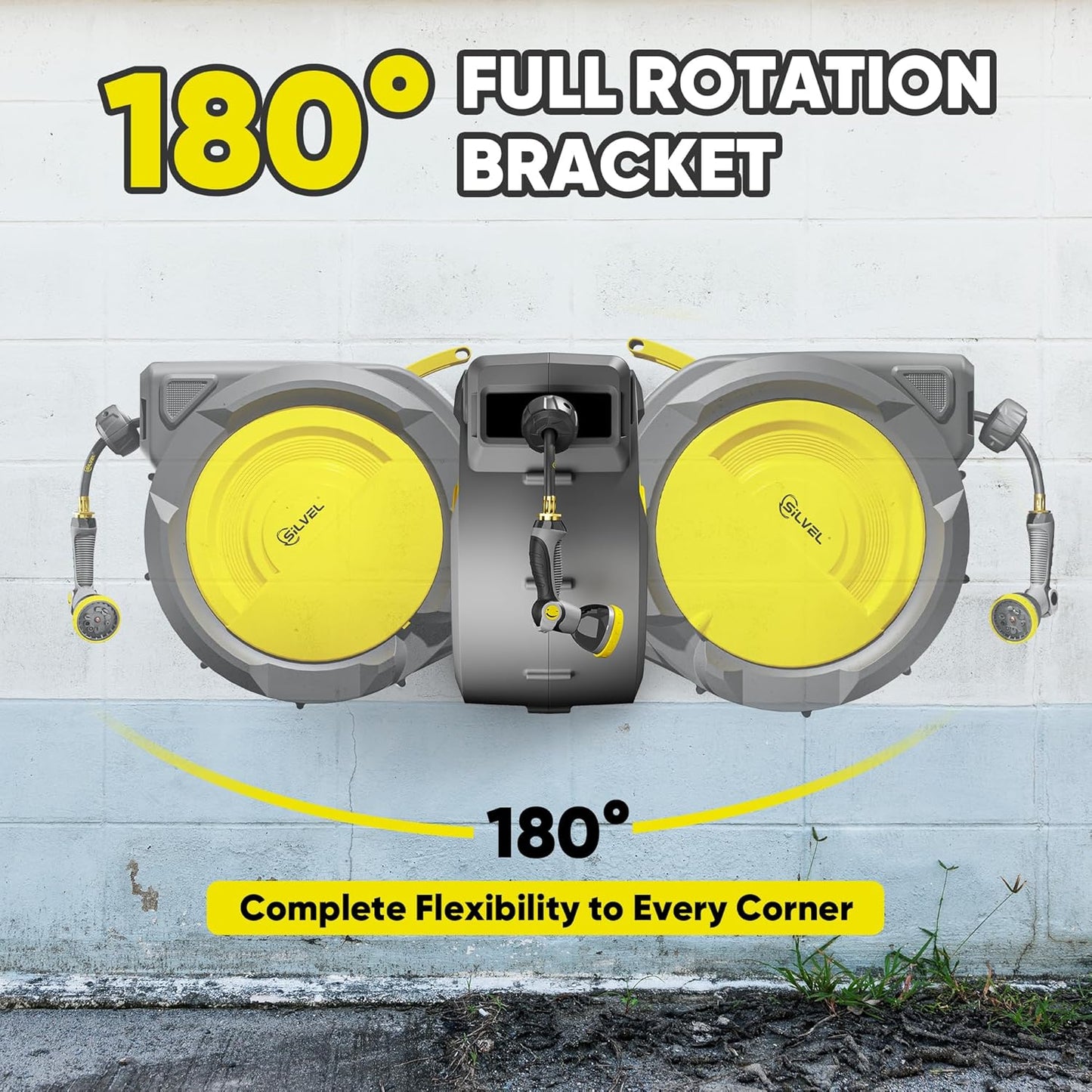 SILVEL Retractable Garden Hose Reel – 1/2 in x 150FT Heavy Duty Automatic Hose Reel Wall Mounted, UV Resistant with 10 Pattern Nozzle, Any Length Lock & Slow Return System, 180°Swivel Bracket, Yellow