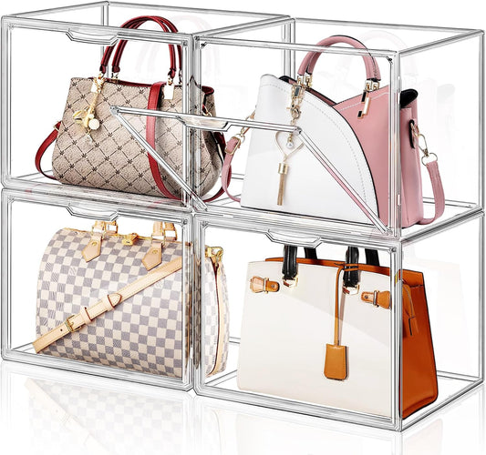 4 Packs Handbag Storage Organizer for Closet, ULENDIS Clear Acrylic Display Case for Purse and Handbag, Stackable Storage Organizer with Magnetic Door for Wallet Book Cosmetic Toys Display