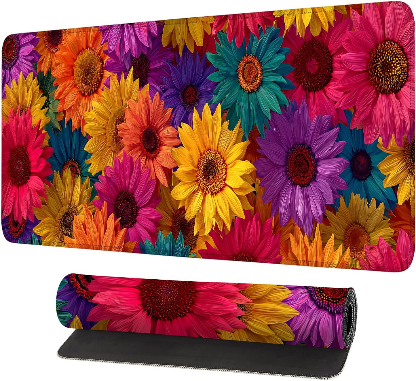 Colorful Floral Mouse Pad – Large Extended Desk Mat 31.5 x 11.8 in– Bright Rainbow Sunflower Design, Non-Slip Rubber Base, Waterproof Surface, Oversized Keyboard & Mouse Pad for Office or Gaming
