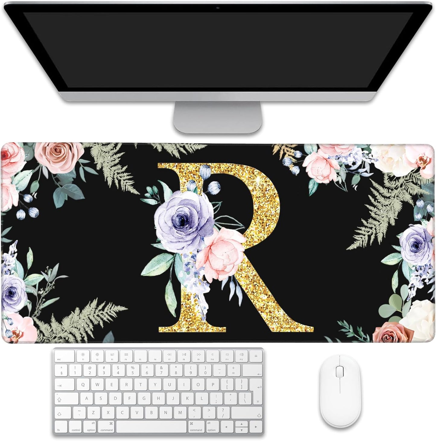 Desk Pad, Flower Golden Letters R Extended Gaming Mouse Pad Large, 35.4"x15.7" Big Mouse Pad with Non-Slip Base and Stitched Edge, Long Computer Keyboard Mouse Mat for Home Office Work