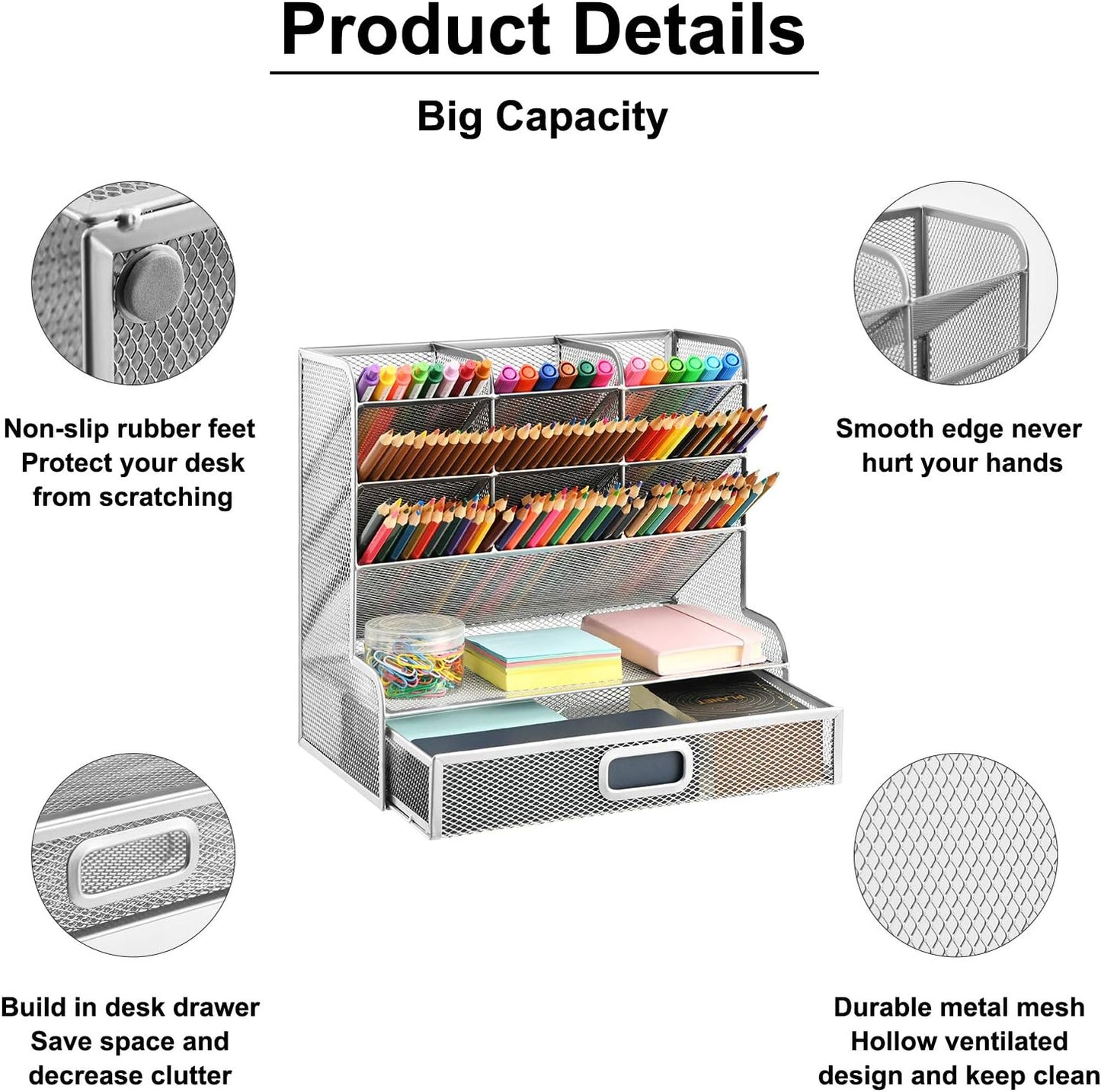 Marbrasse Larger Mesh Desk Organizer with Drawer, Multi-Functional Pen Pencil Holder, Desk Organizers and Accessories for Office Art Supplies (Silver Mesh Pen Holder with Drawer)