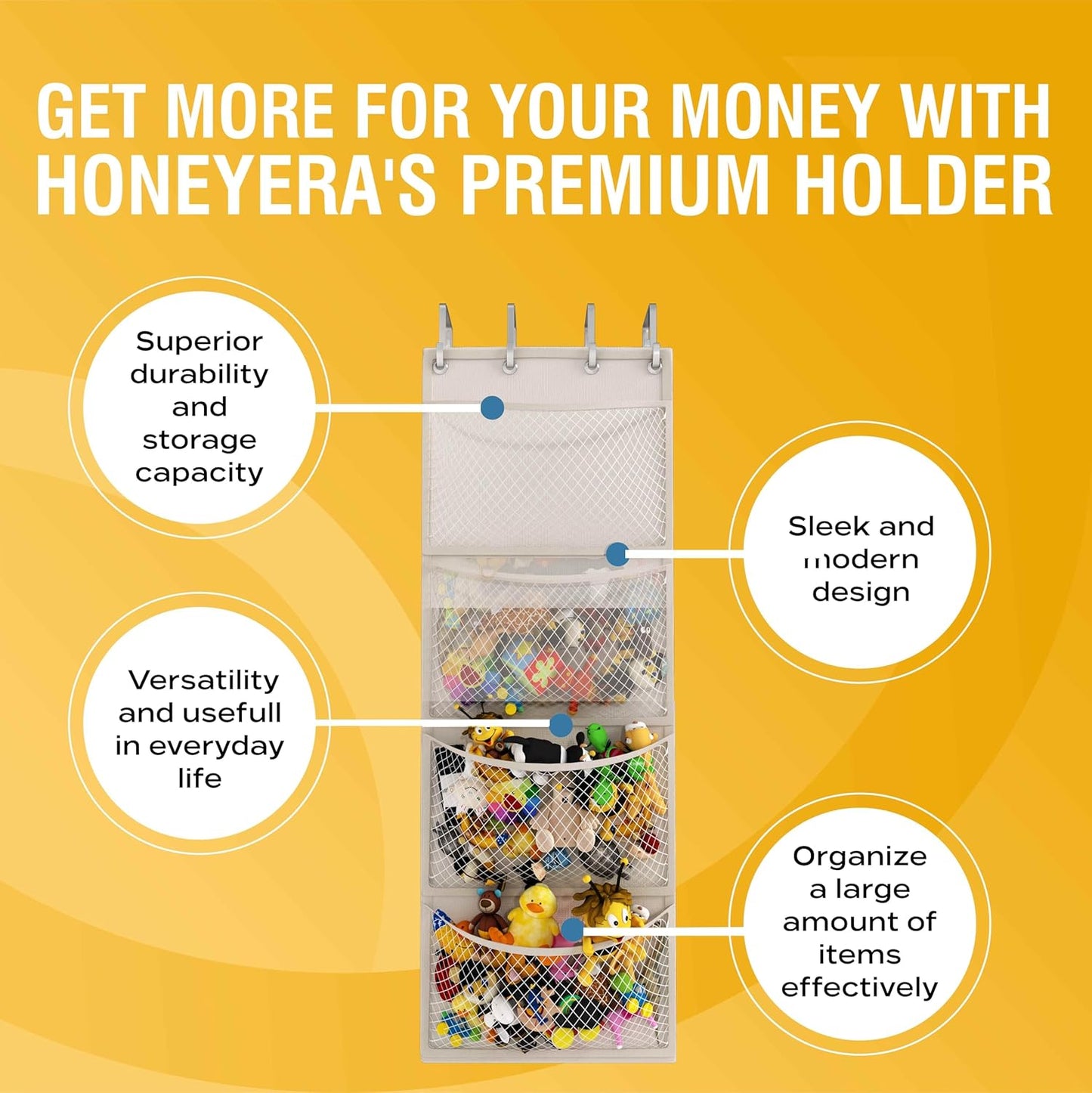 Honeyera The Original Storage for Stuffed Animals, Over Door Organizer for Stuffies, Baby Accessories, Toy Plush, Breathable Hanging Pockets Big Girls Toddler Large Bag