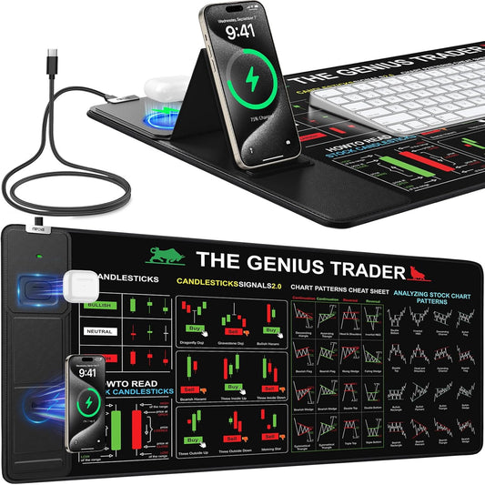 Mouse Pad for Stock Enthusiast, Wireless Charging Desk Pad with Phone Holder, Large Desk Mat with Adjustable Stand & Dual Qi Chargers, Non-Slip Mousepad with Financial Trading Guides Printed
