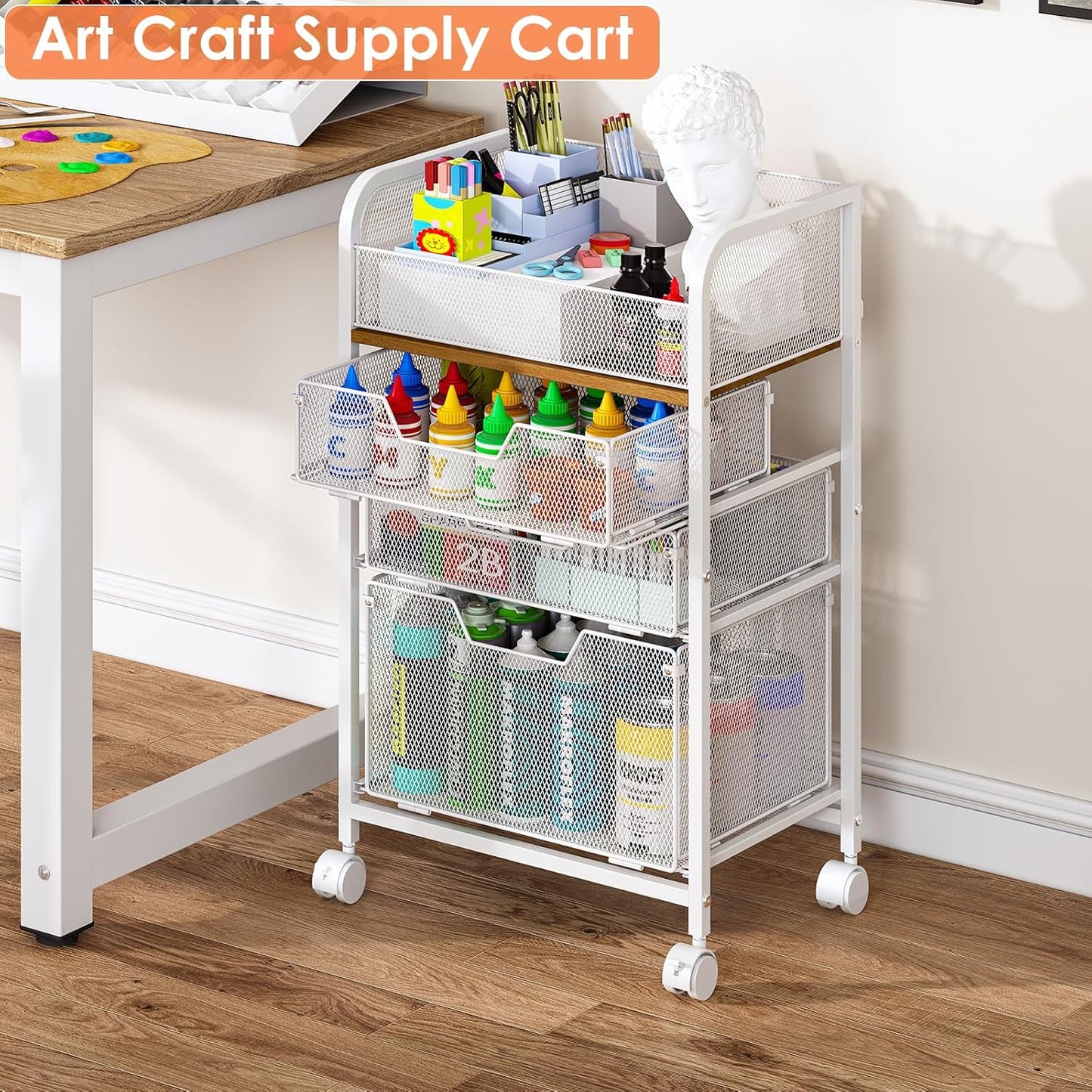 4-Tier Rolling Utility Cart with 3 Drawers - White Craft Organizers and Storage with DIY Dividers, Under Desk Art Supply Storage Organizer with 360° Lockable Wheels for Brushes Artifacts Small Parts
