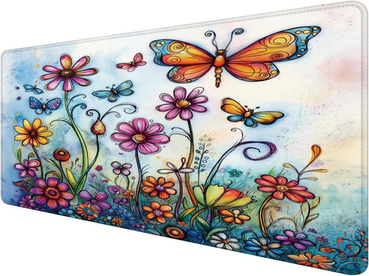 Vintage Hippie Floral Butterfly Large Mouse Pad 31.5x15.7inch, Retro Hippy Flower Butterfly Large Extended Computer Desk Mat Mousepad for Keyboard and Mouse, Flora Desk Accessories