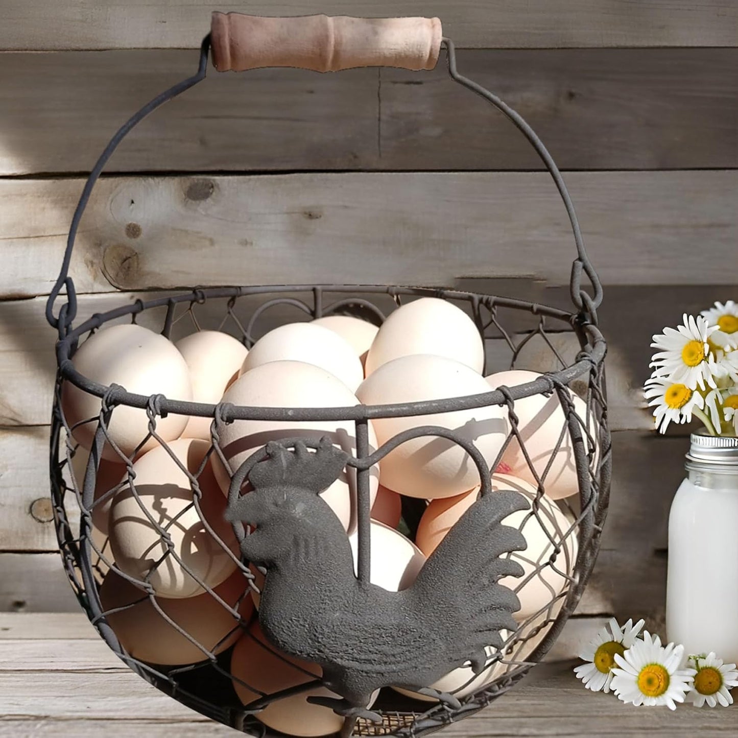 LINCOUNTRY. Chicken Wire Egg Basket for Gathering Fresh Eggs with Handle Storage Container Holder, Vintage Rustic Farmhouse Rooste Decor Round Metal Egg Collecting Basket Kitchen Countertop