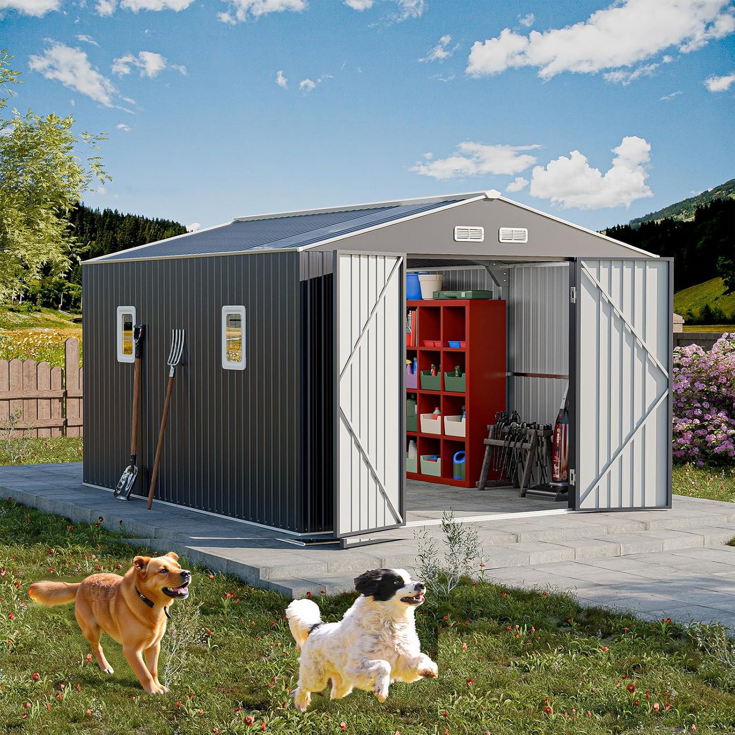 Restland 10x12 FT Outdoor Storage Shed with Floor Base Frame Metal Garden Shed with Clear Roof, Air Vent & Lockable Door Large Tool Storage House for Backyard, Garden, Lawn